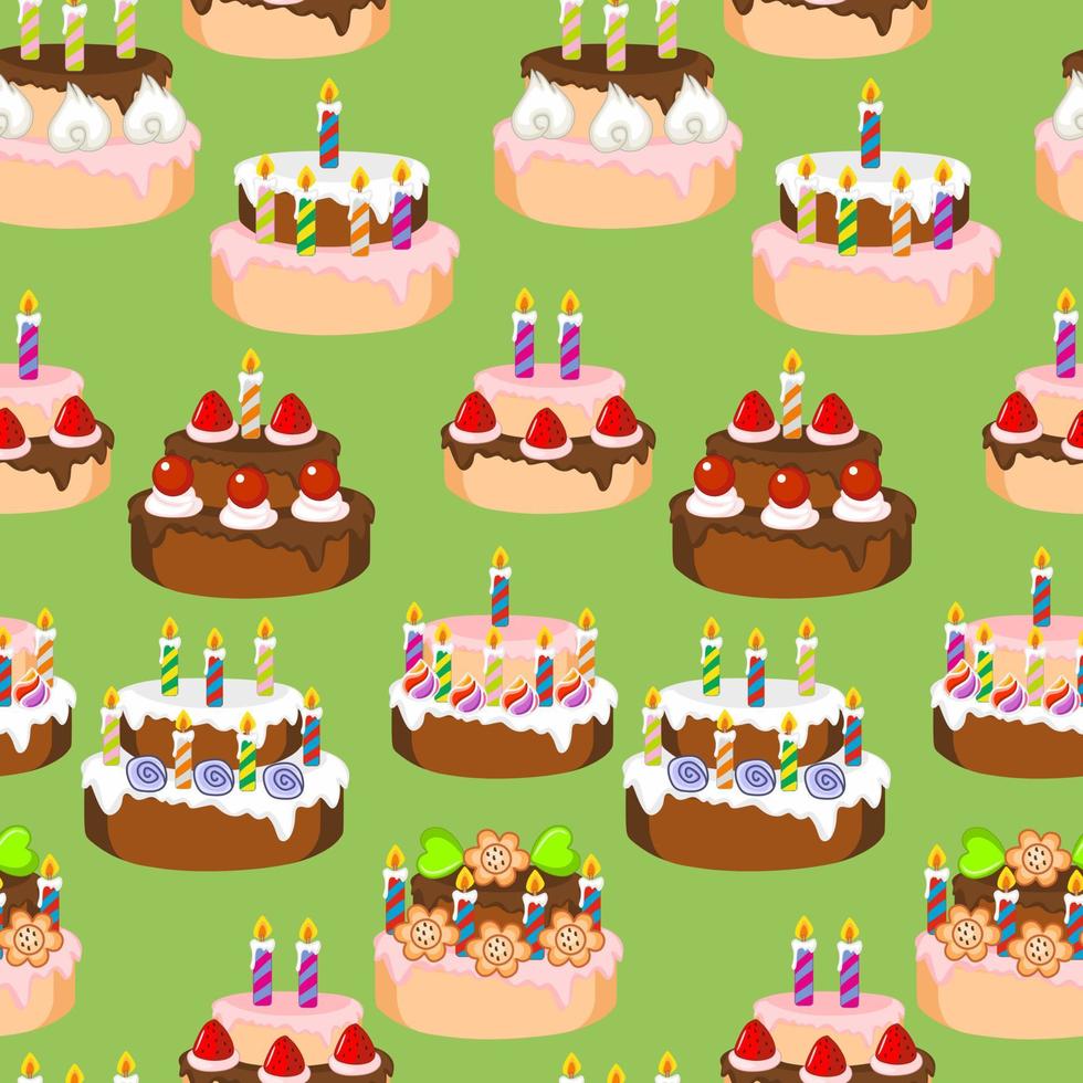 A pattern of chocolate desserts with chocolate strawberry cakes, sweet candies and cake decorations highlighted on a colored background. Vector hand-drawn illustration of doodles.