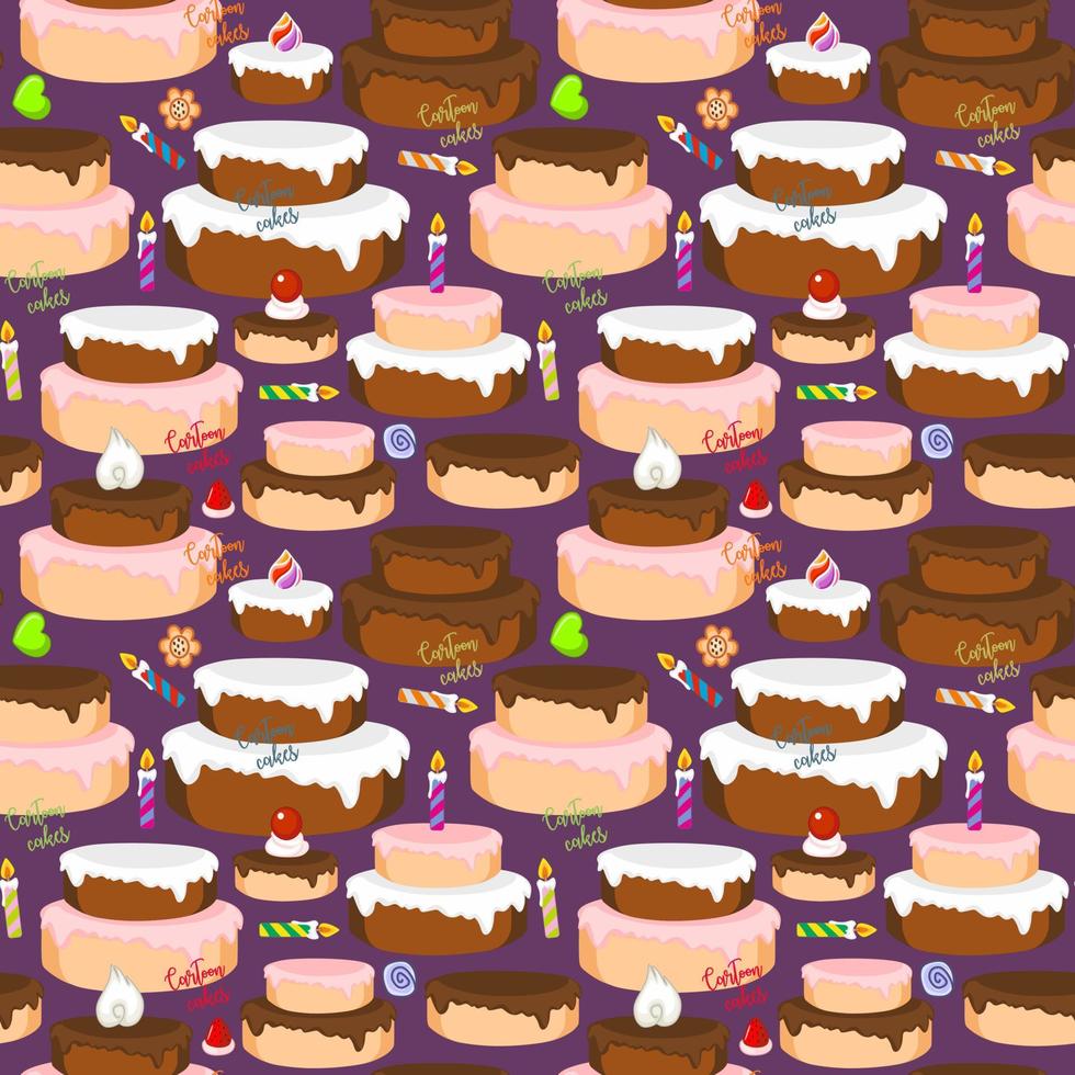 Pattern cakes with strawberry, chocolate and vanilla icing. Cakes with minimal decorations, on a colored background. Vector hand-drawn illustration of doodles. Children's illustration