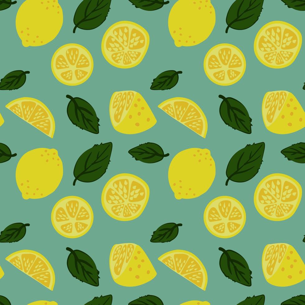 Hand-drawn vector lemon seamless pattern on a blue background. Endless ornament for wrapping paper, wallpaper, clothing, textiles, fabric