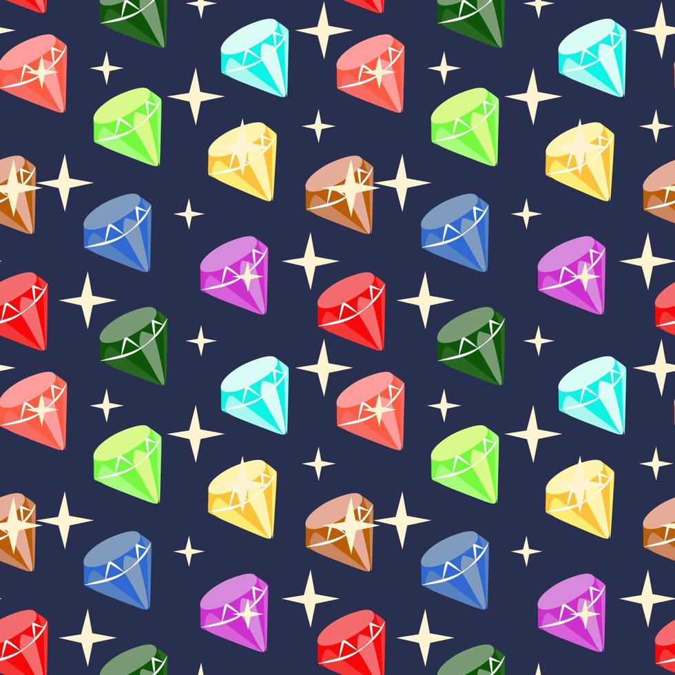 Seamless pattern with diamonds and crystals in bright colors. Children's illustration, Cartoon background. Pattern star vector
