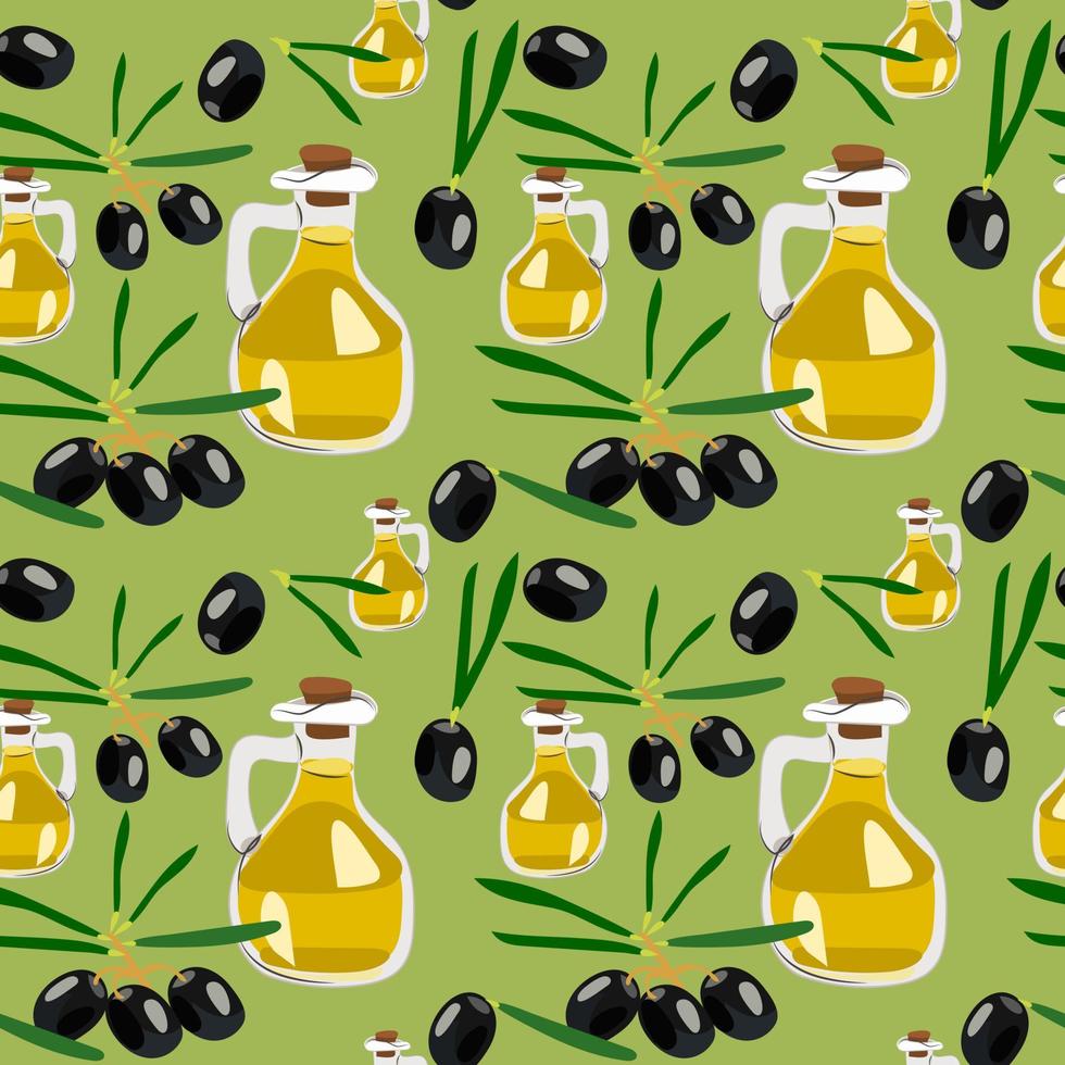 Seamless vector pattern with olive branches and a bottle of oil. Wallpaper pattern, beautiful packaging, kitchen print.