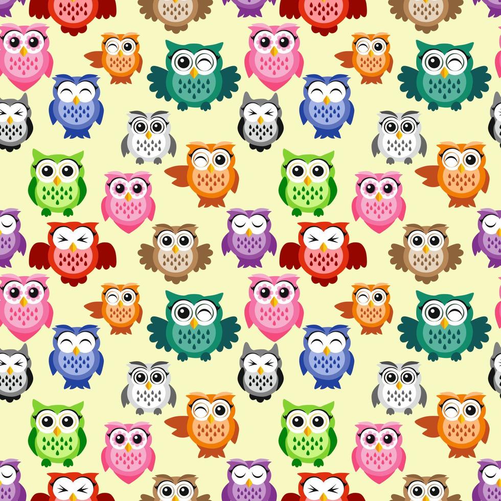 Seamless pattern, bright colorful cute owls on a yellow background, funny bird face with a winking eye, bright colors. vector