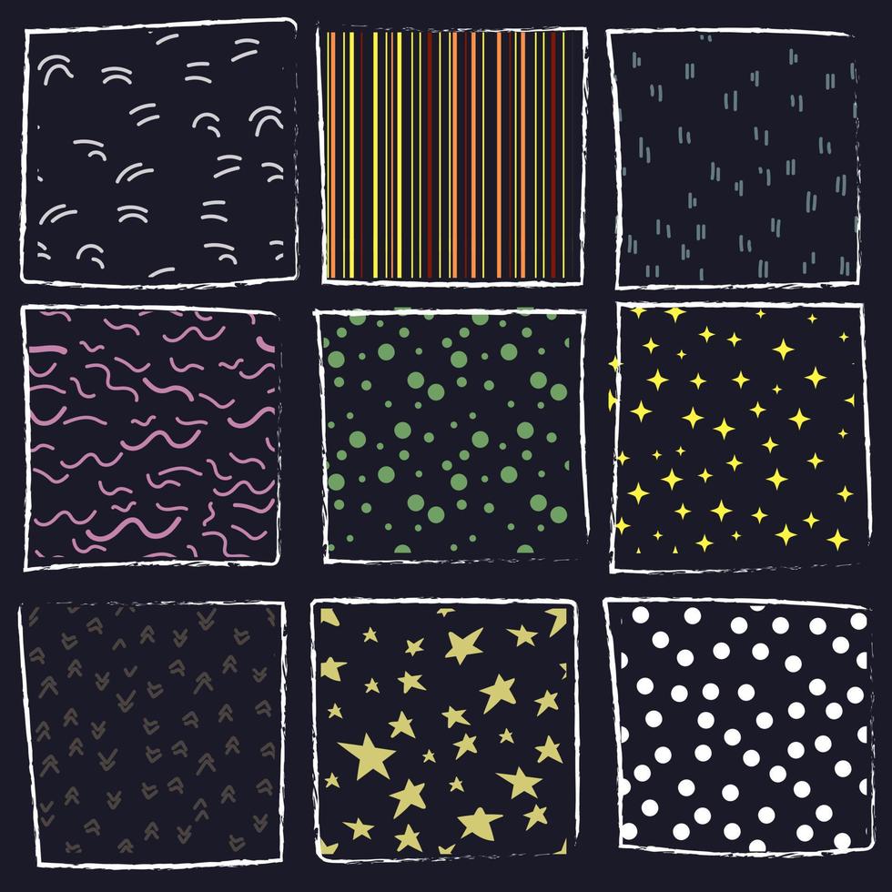 Nine mini-templates for small objects, their textures, backgrounds. Doodles, dots, lines, spirals, stars, wavy lines, broken lines. Seamless pattern on postcards, prints. A set of vector abstract back