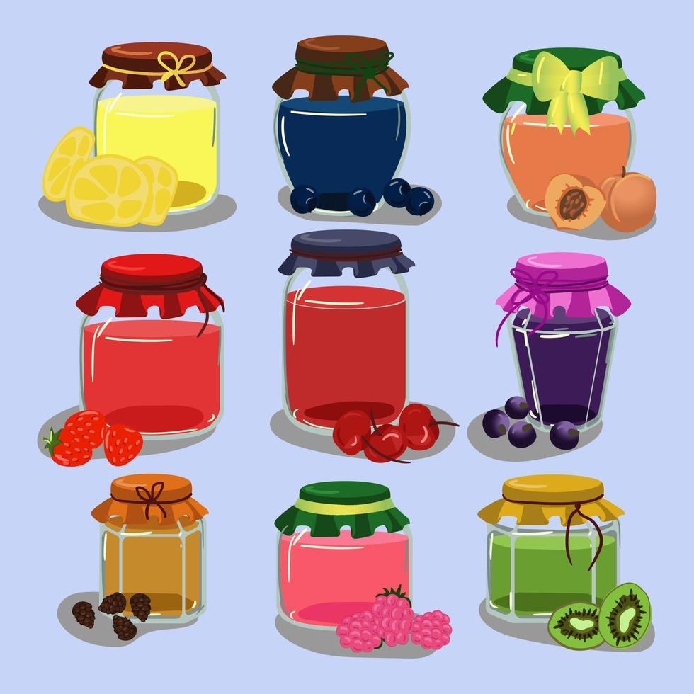 A set of fruit jams in glass jars in cartoon style. Kiwi, raspberry, pine cones, cherry, black currant, blueberry, strawberry, cherry, peach. Used for children's illustration, kitchen, food illustrati vector