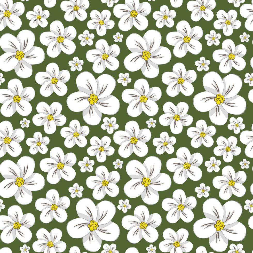 Seamless pattern with strawberry flowers on a green background. vector