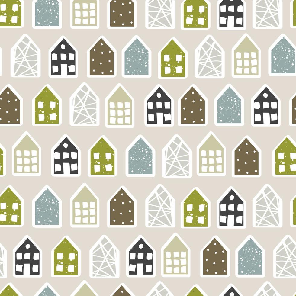 Hand-drawn houses. Cute cartoon pattern with tiny houses. Seamless vector background in Scandinavian style.