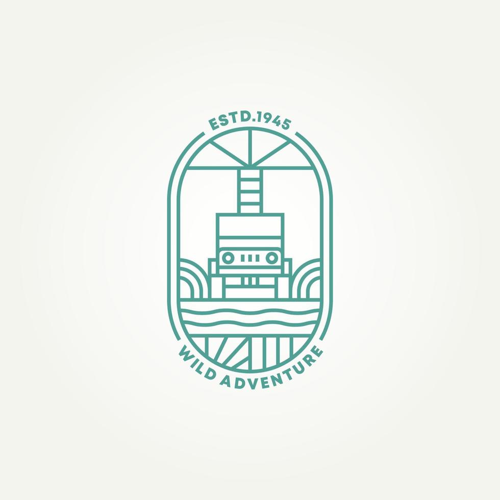 minimalista aventura salvaje 4x4 offroad line art badge logo plantilla vector ilustración diseño. ideas simples del logotipo del emblema del offroader de la expedición