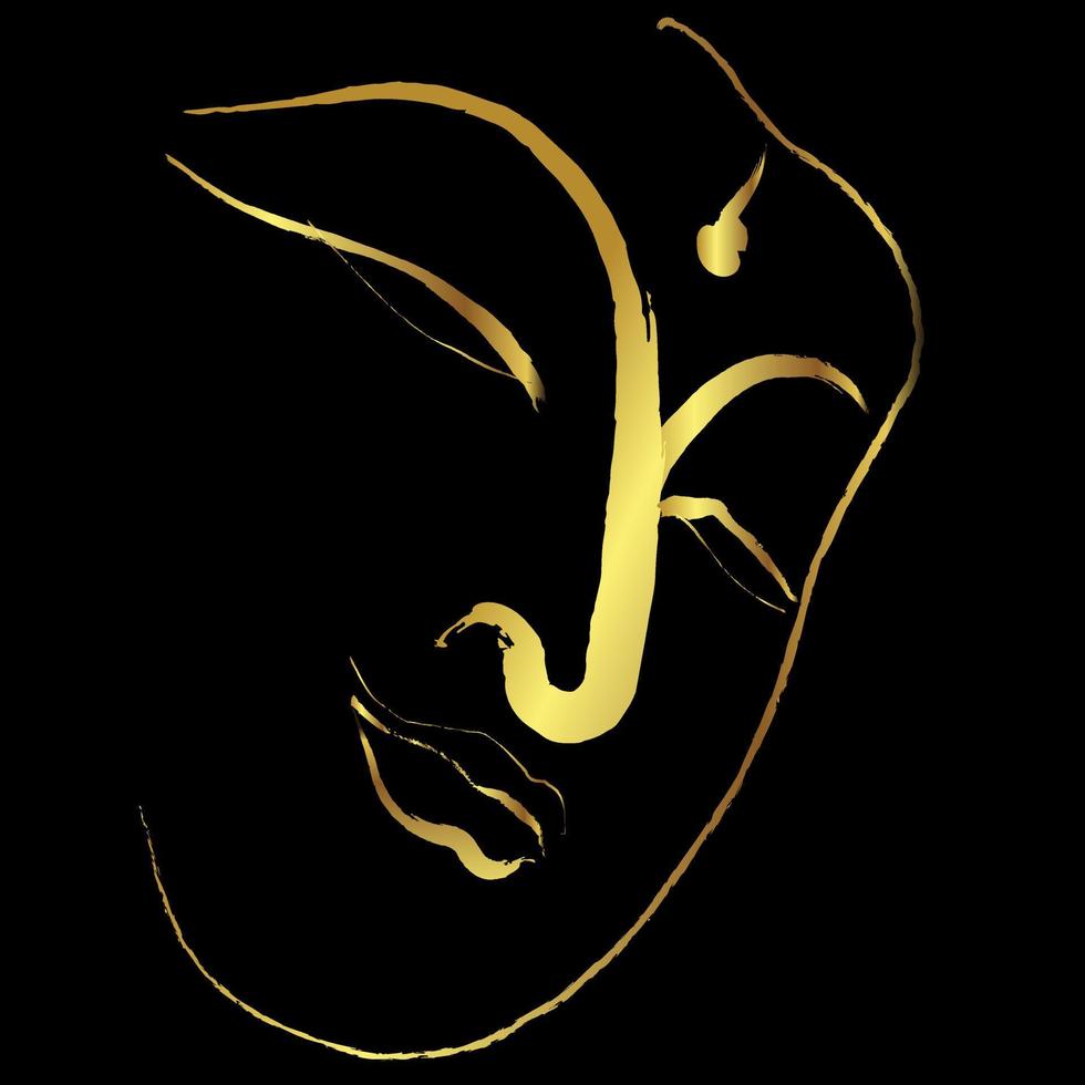 Closeup golden buddha face sketching vector design over black background