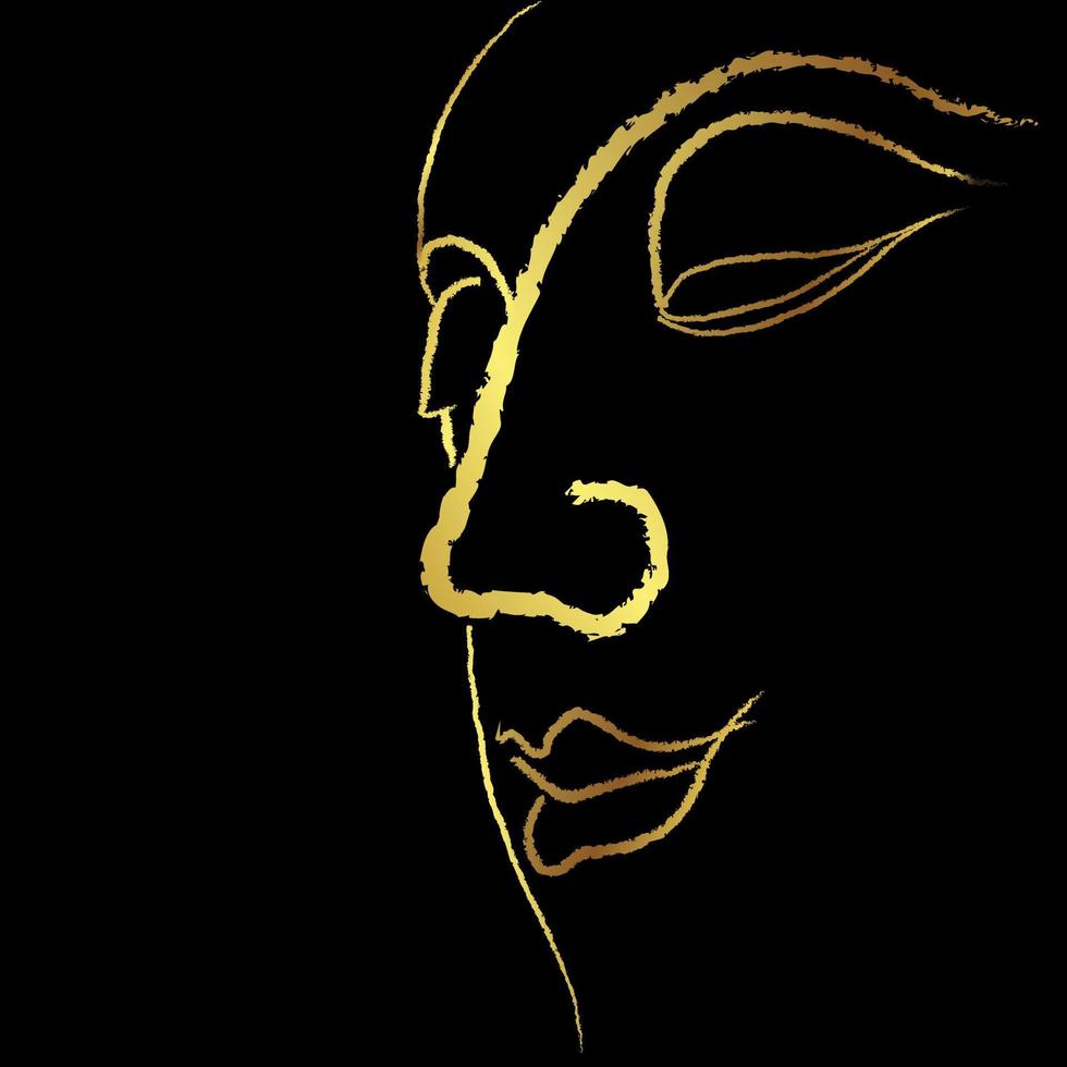 Closeup golden buddha face sketching vector design over black background