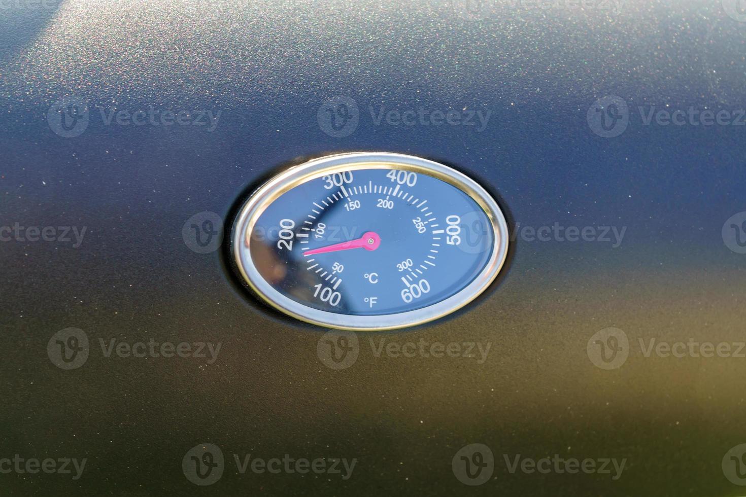 Close-up of the thermometer on the grill shows the temperature. photo