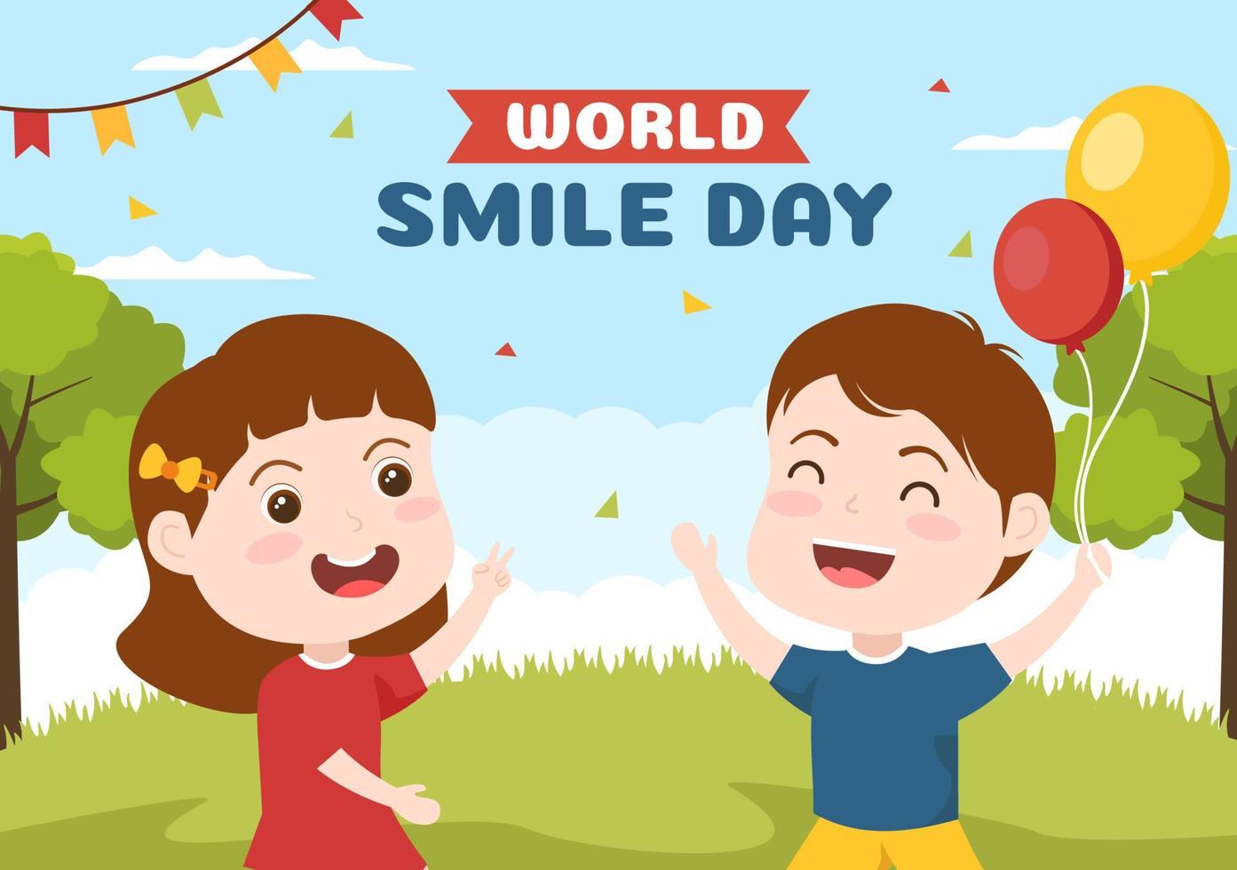 ilustración de dibujos animados dibujados a mano del día mundial de la sonrisa con niños sonrientes y cara de felicidad en un fondo de estilo plano vector