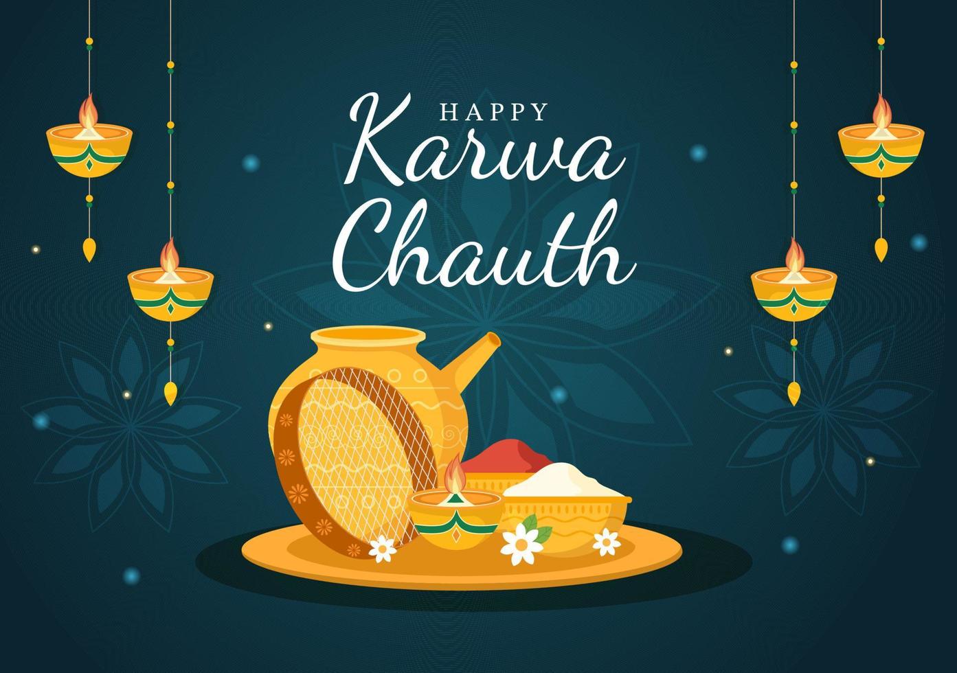 ilustración de dibujos animados plana dibujada a mano del festival karwa chauth para comenzar la luna nueva al ver la salida de la luna en noviembre de esposas para sus esposos vector