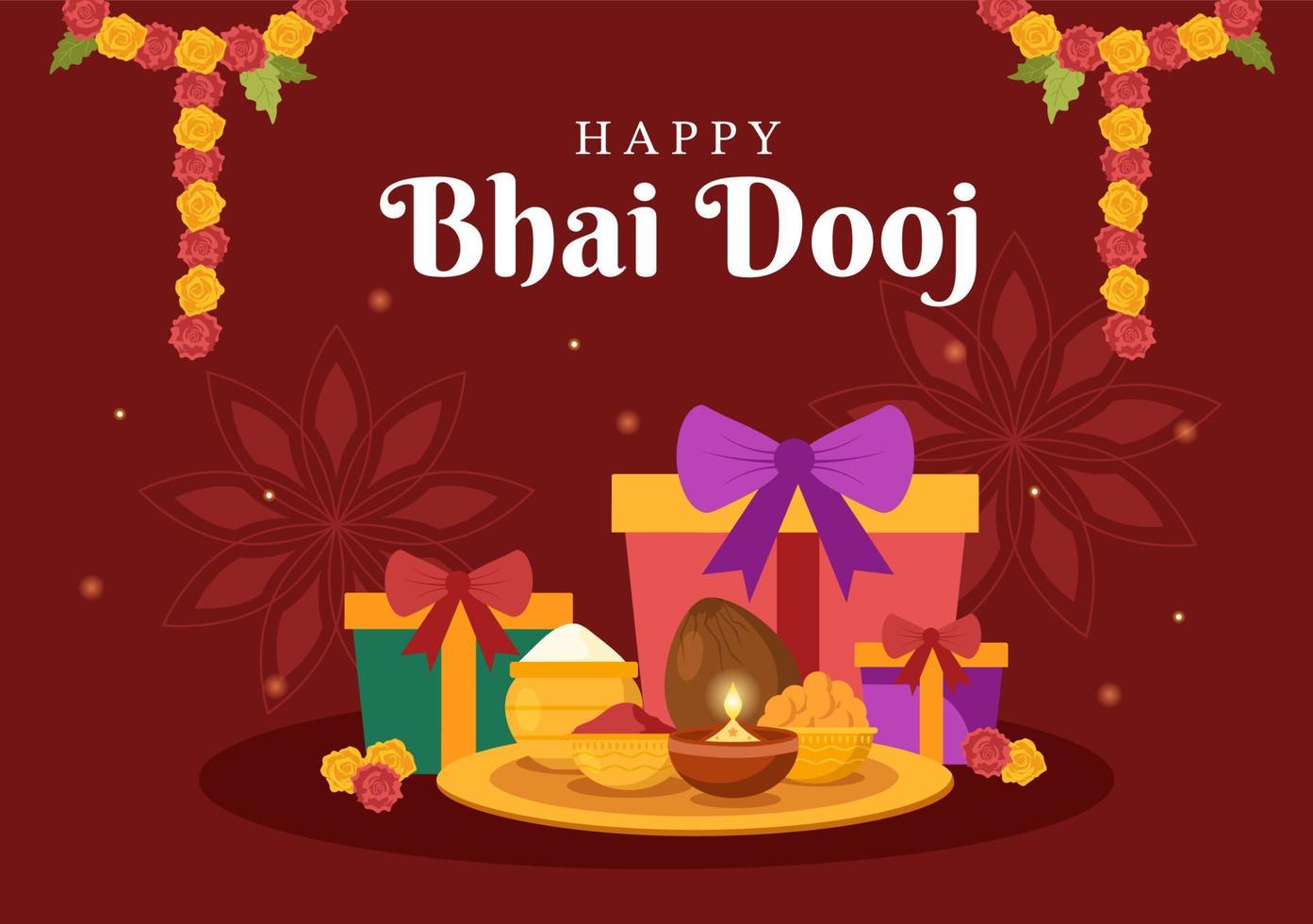 feliz celebración del festival indio bhai dooj ilustración de dibujos animados dibujados a mano de hermanas rezan por la protección de los hermanos con un punto en la frente vector