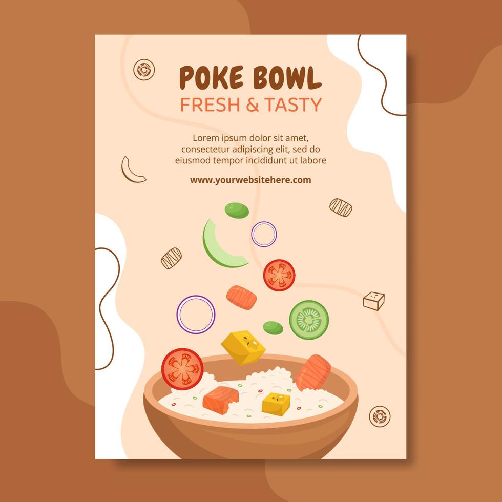 poke bowl plantilla de póster de comida dibujado a mano ilustración plana de dibujos animados vector