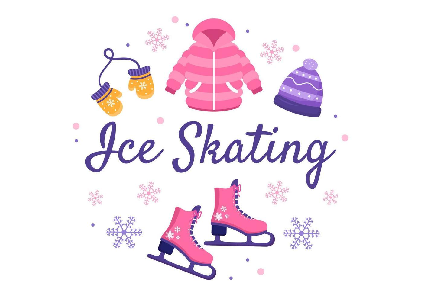 Ice Skating Hand Drawn Cartoon Flat Illustration of Winter Fun Outdoors Sport Activities on Ice Rink with Seasonal Outerwear vector