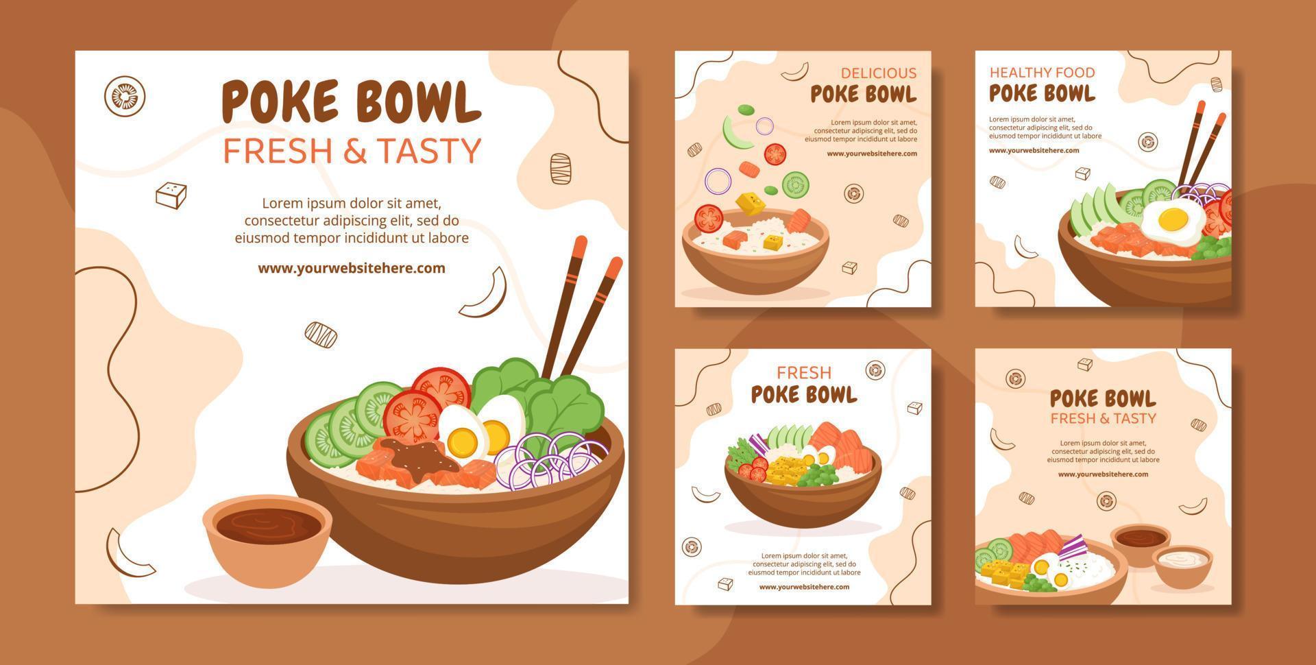 poke bowl comida plantilla de publicación en redes sociales dibujado a mano ilustración plana de dibujos animados vector