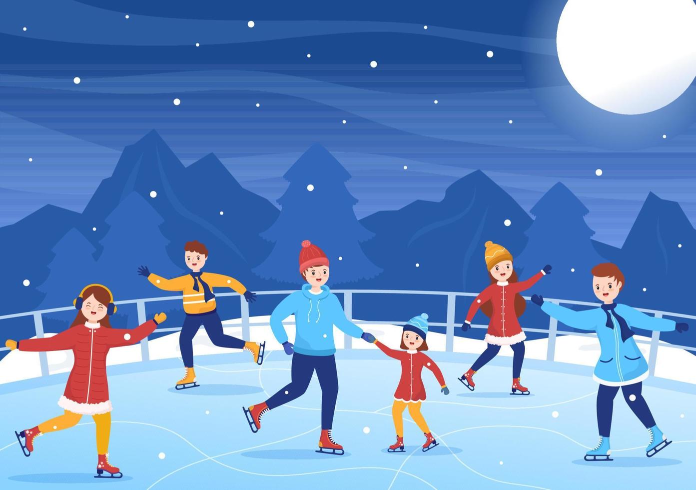 Ice Skating Hand Drawn Cartoon Flat Illustration of Winter Fun Outdoors Sport Activities on Ice Rink with Seasonal Outerwear vector