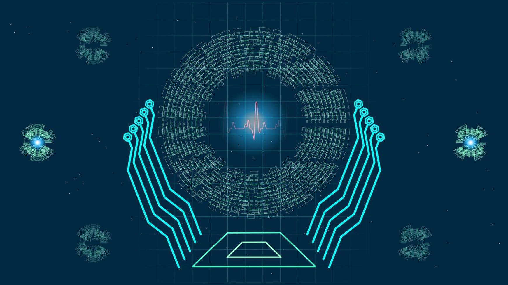 pulso cardíaco o electrocardiograma en monitor para interfaz de usuario de alta tecnología tecnología digital azul con partículas brillantes, ilustración vectorial vector