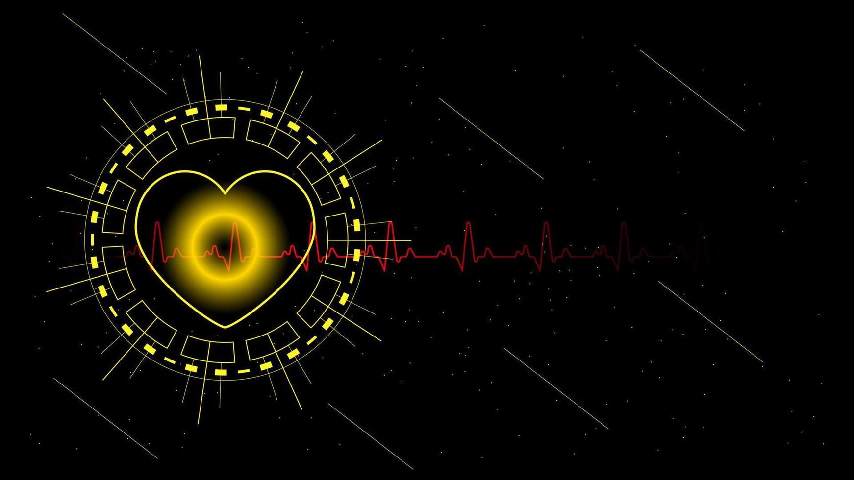 pulso cardíaco o electrocardiograma en monitor para interfaz de alta tecnología ui tecnología digital negra y dorada con partículas brillantes, ilustración vectorial. vector