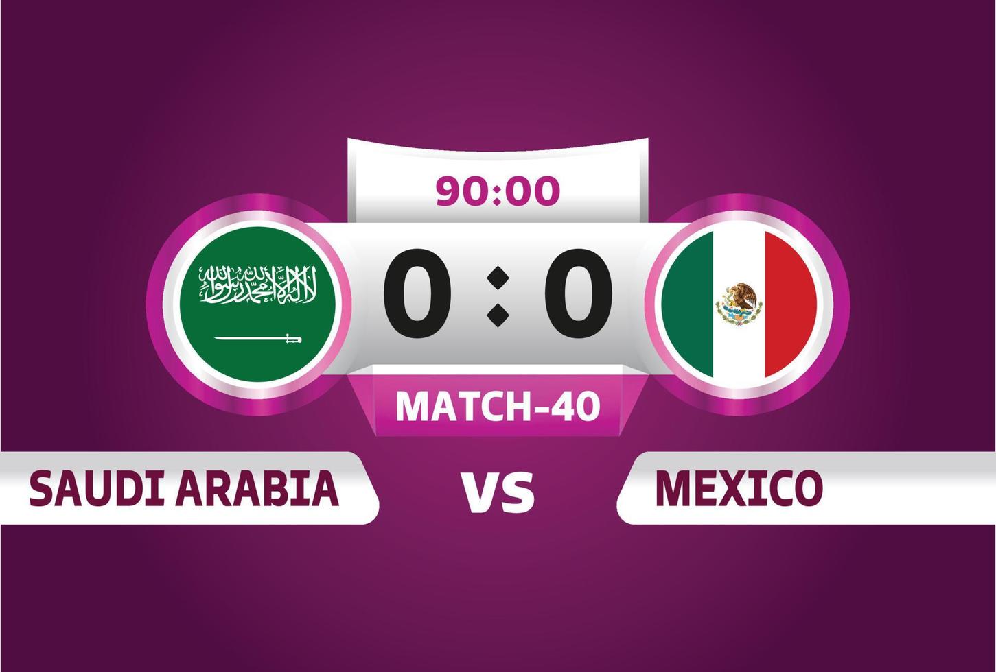 arabia saudita vs mexico, futbol 2022, grupo c. partido de campeonato mundial de fútbol versus antecedentes deportivos de introducción de equipos, afiche final de la competencia de campeonato, ilustración vectorial. vector
