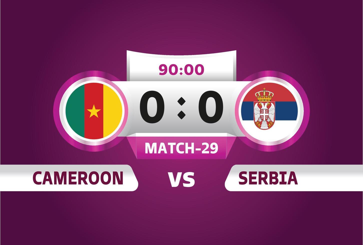 camerún vs serbia, fútbol 2022, grupo g. partido de campeonato mundial de fútbol versus antecedentes deportivos de introducción de equipos, afiche final de la competencia de campeonato, ilustración vectorial. vector