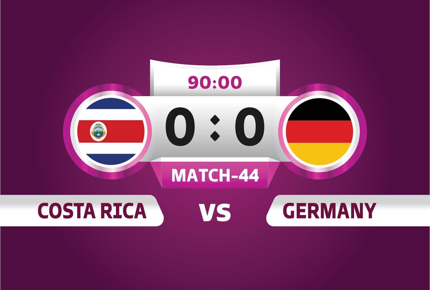 costa rica vs alemania futbol 2022, grupo e. partido de campeonato mundial de fútbol versus antecedentes deportivos de introducción de equipos, afiche final de la competencia de campeonato, ilustración vectorial. vector