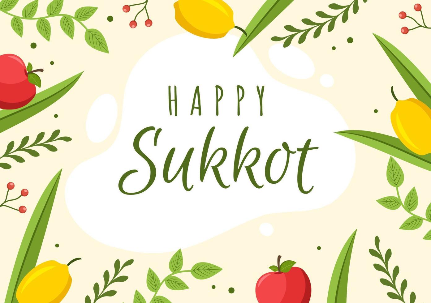 feliz festividad judía sukkot ilustración plana de dibujos animados dibujados a mano con sukkah, etrog, lulav, arava, hadas y diseño de fondo de decoración vector