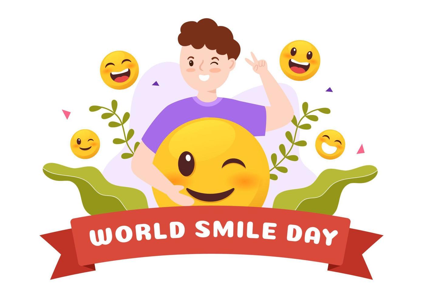 ilustración de dibujos animados dibujados a mano del día mundial de la sonrisa con juventud sonriente y cara de felicidad en un fondo de estilo plano vector