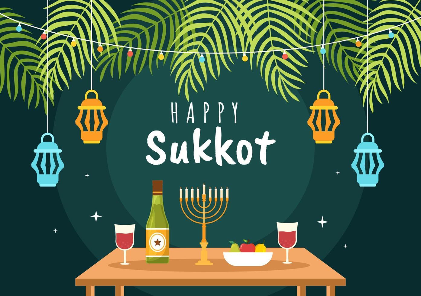 Happy Jewish Holiday Sukkot Hand Drawn Cartoon Flat Illustration with sukkah, etrog, lulav, Arava, Hadas and Decoration Background Design vector