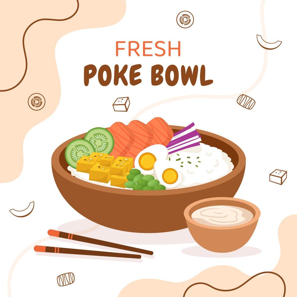 poke bowl comida fondo plantilla dibujado a mano dibujos animados ilustración plana vector