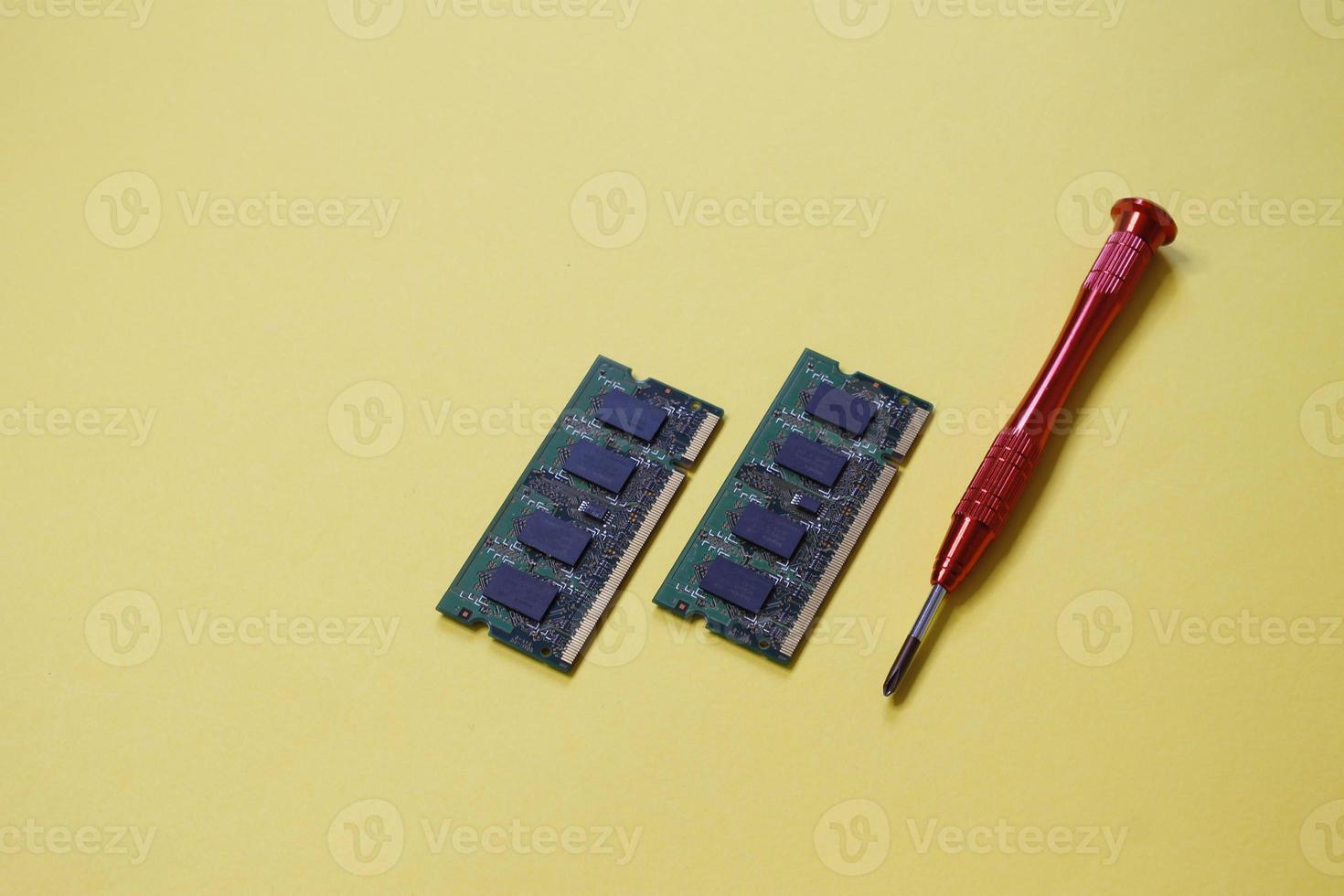 Memory ram with screwdriver and yellow background photo