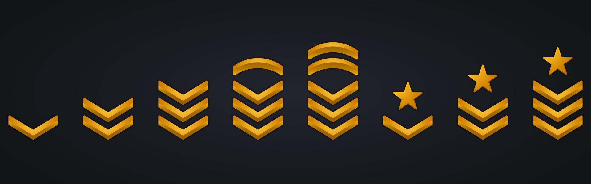 Military Insignia Soldier Sergeant, General, Major, Officer, Lieutenant, Colonel Patch Emblem. Chevron Stripes Badge Gold Symbol. Army Rank Golden Logo. Isolated Vector Illustration.