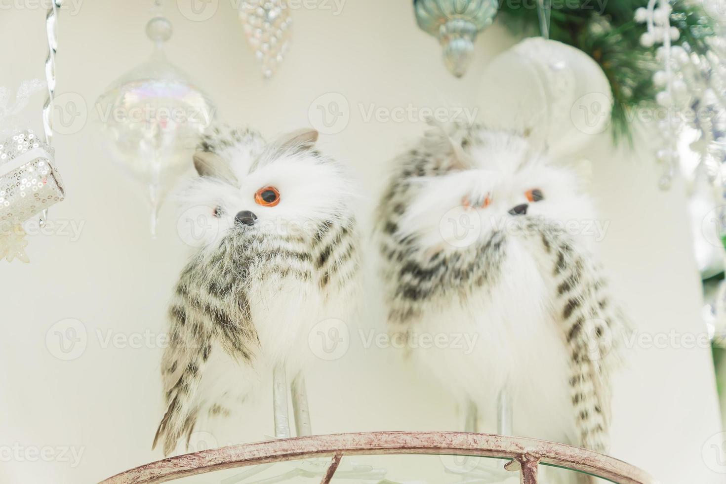 Two white snowy owls on a brach. Interior decoration. photo