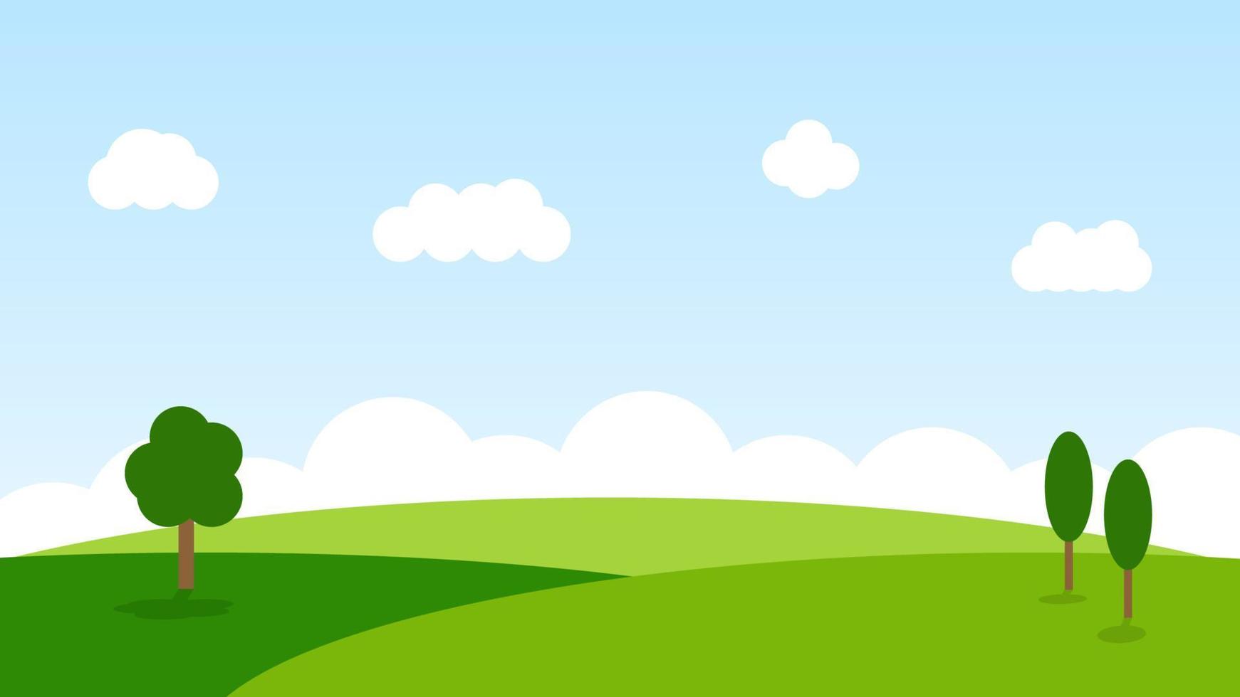 landscape cartoon scene with green trees on hills and white fluffy cloud in summer blue sky background vector