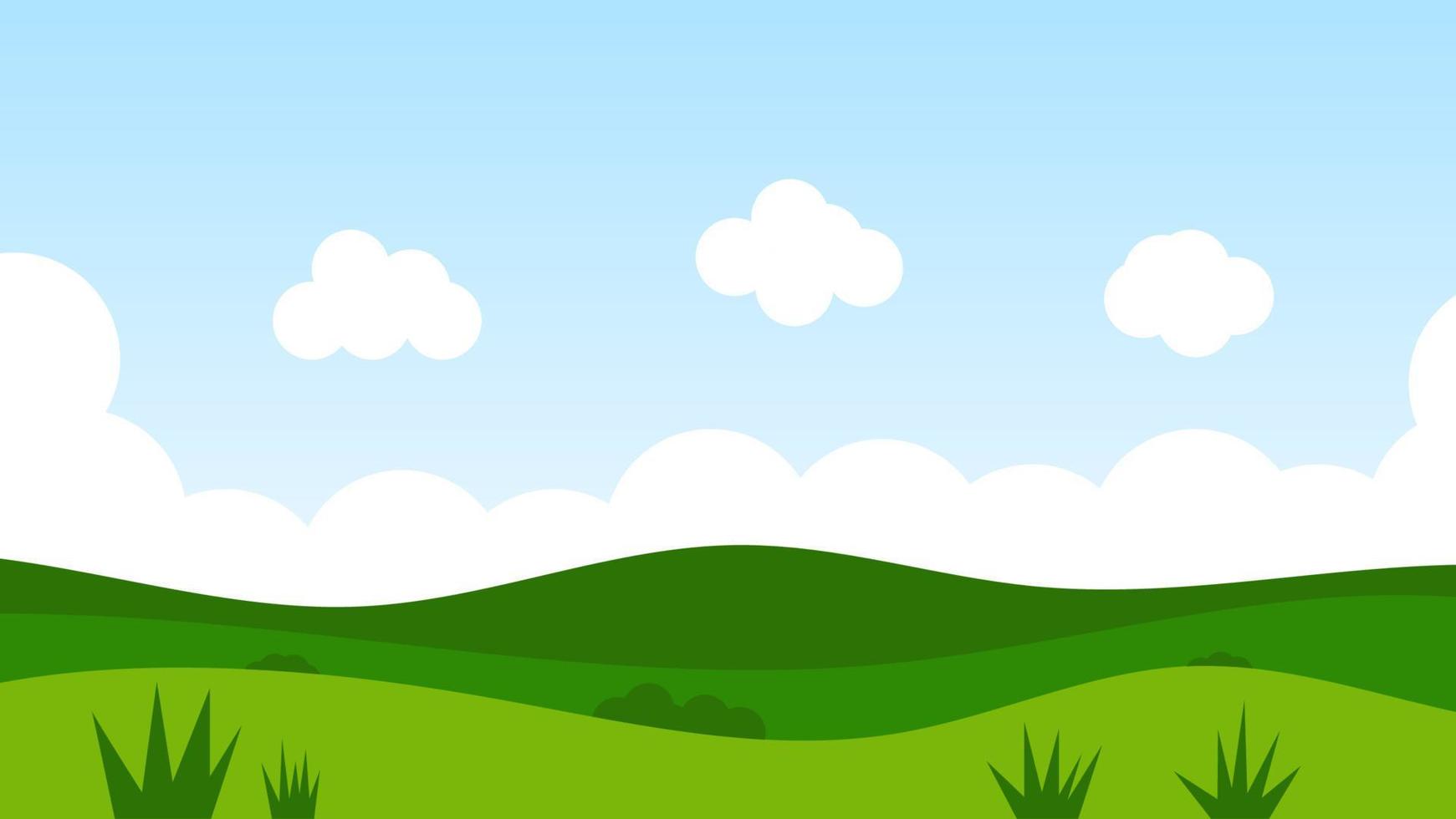 escena de dibujos animados de paisaje con árboles verdes en las colinas y nubes blancas esponjosas en el fondo del cielo azul de verano vector