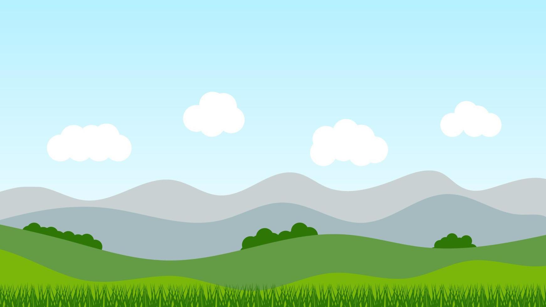 landscape cartoon scene with green trees on hills and white fluffy cloud in summer blue sky background vector