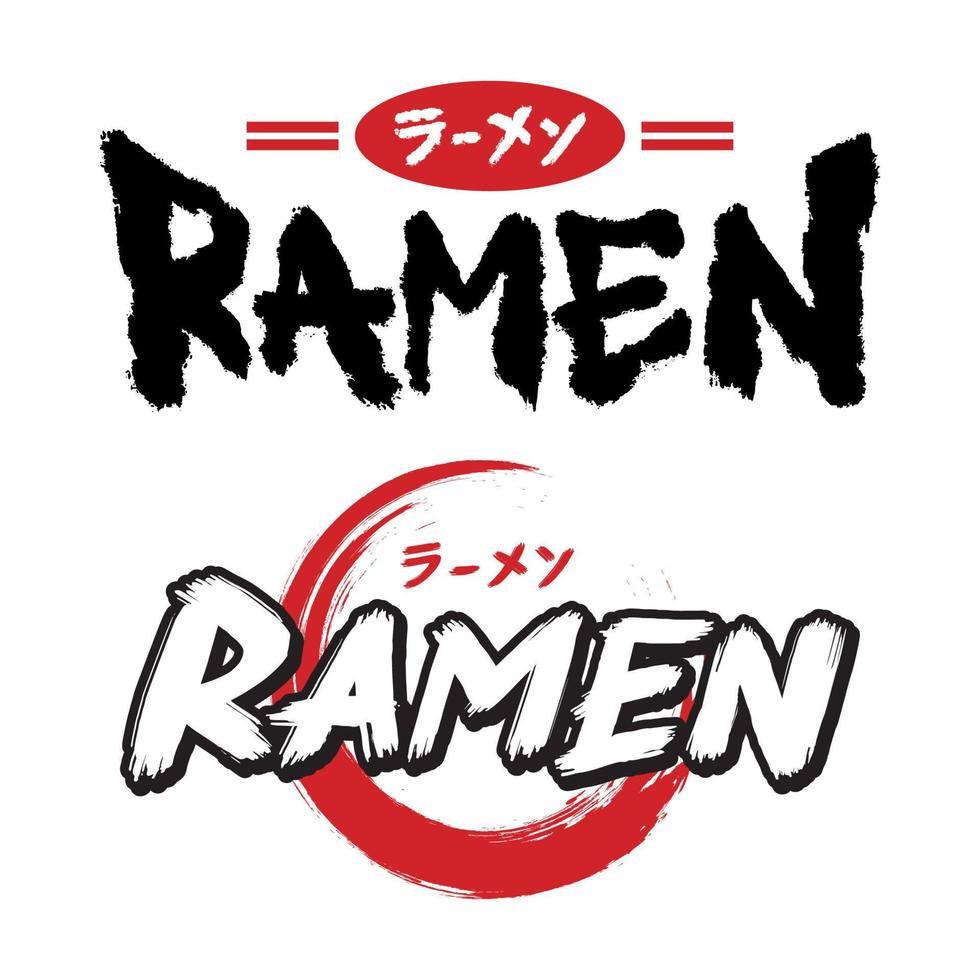 Set vector illustration ramen text logo and japanese calligraphy. Translation is Ramen. Japanese ramen noodle symbol, icon for cafe, food delivery, store, or asian restaurant menu.