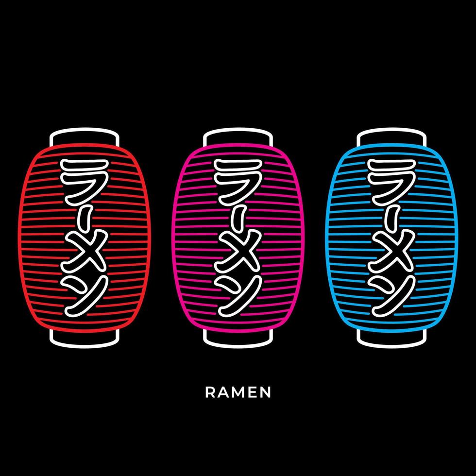 Vector illustration Japanese paper lantern neon sign. Used in the Japanese restaurant, it is a traditional modern sign. Bright signboard, light banner. This paper lantern is ramen shop sign.