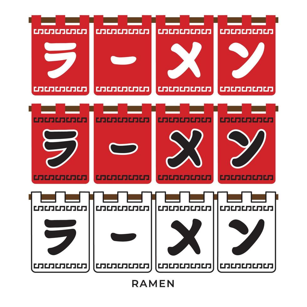 Set vector illustration Japanese ramen house traditional horizontal entrance curtain. Translation is Ramen. In three color option.