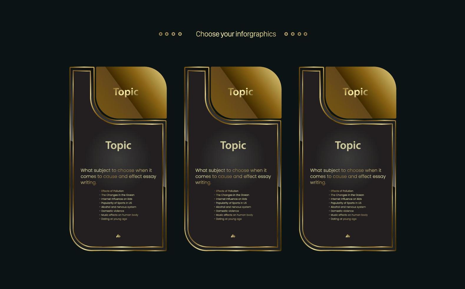 3 premium buttons, symbols, icons, steps of workflows templates design and multipurpose gold Infographic Vector on a dark background