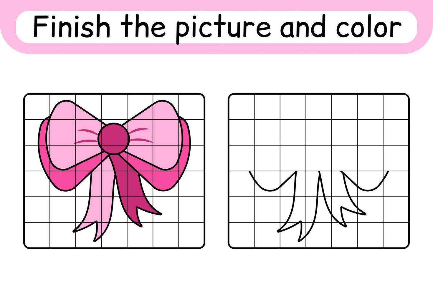 Complete the picture bow. Copy the picture and color. Finish the image. Coloring book. Educational drawing exercise game for children vector