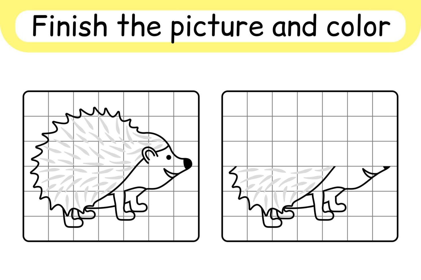 completa el cuadro erizo. copiar la imagen y el color. terminar la imagen. libro de colorear. juego educativo de ejercicios de dibujo para niños vector