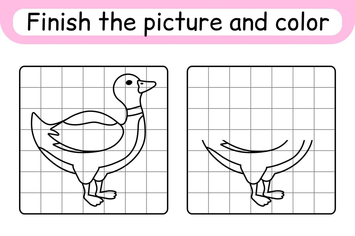 Complete the picture duck. Copy the picture and color. Finish the image. Coloring book. Educational drawing exercise game for children vector