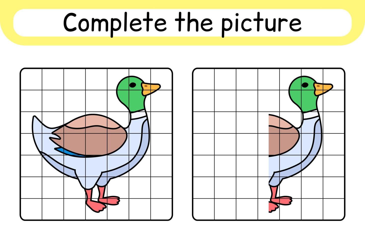 completa el pato de la imagen. copiar la imagen y el color. terminar la imagen. libro de colorear. juego educativo de ejercicios de dibujo para niños vector