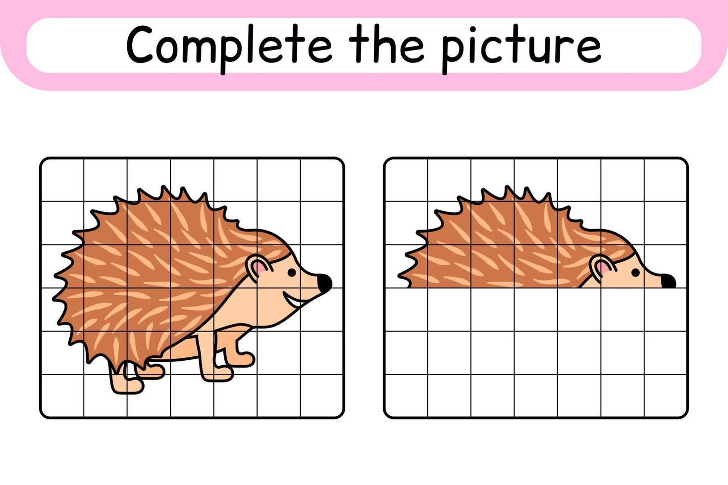 Complete the picture hedgehog. Copy the picture and color. Finish the image. Coloring book. Educational drawing exercise game for children vector