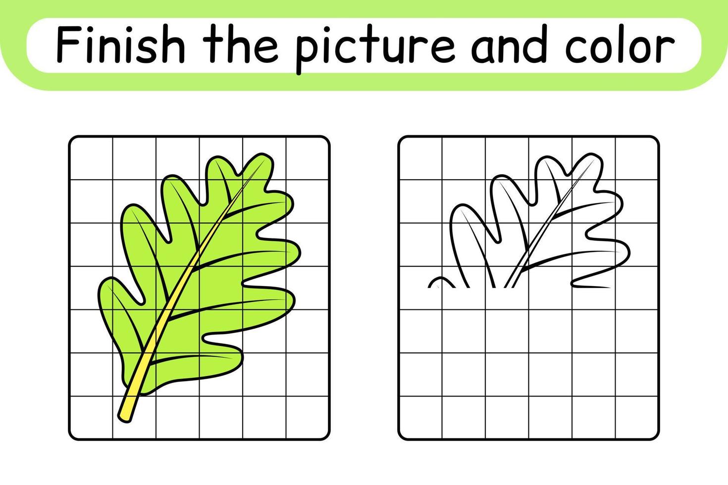 Complete the picture leaf oak. Copy the picture and color. Finish the image. Coloring book. Educational drawing exercise game for children vector