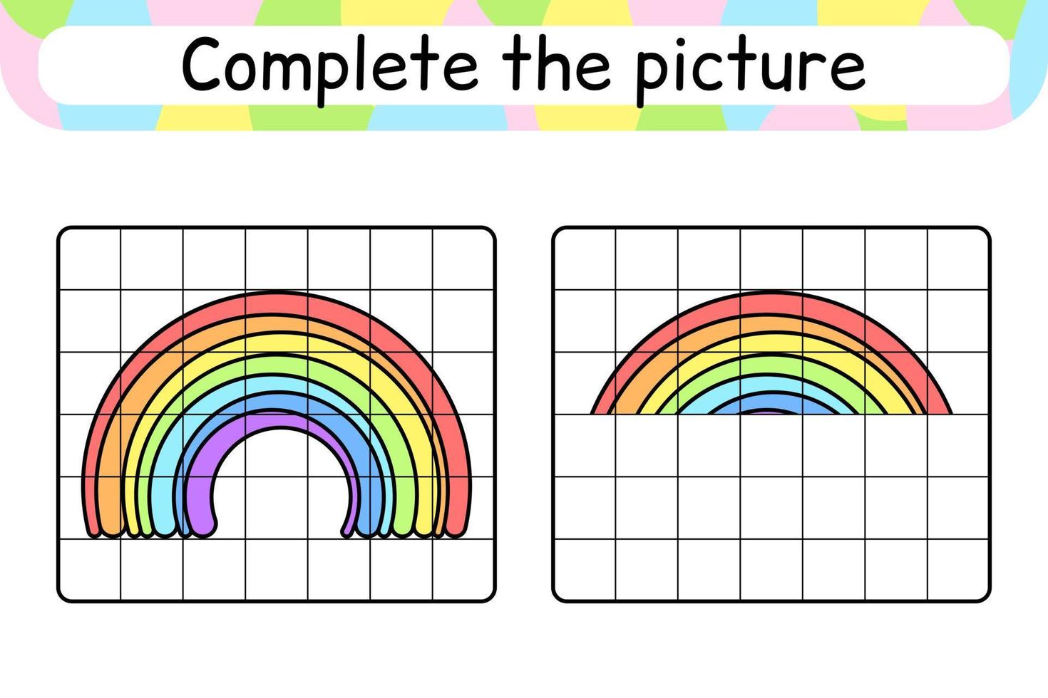 Complete the picture rainbow. Copy the picture and color. Finish the image. Coloring book. Educational drawing exercise game for children vector