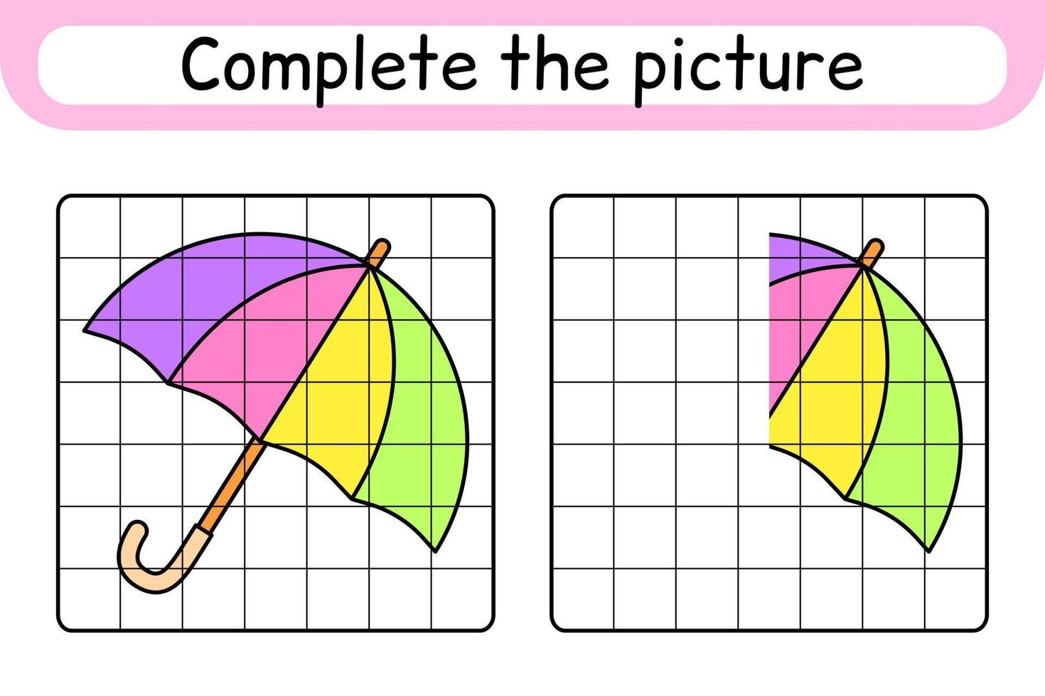 Complete the picture umbrella. Copy the picture and color. Finish the image. Coloring book. Educational drawing exercise game for children vector