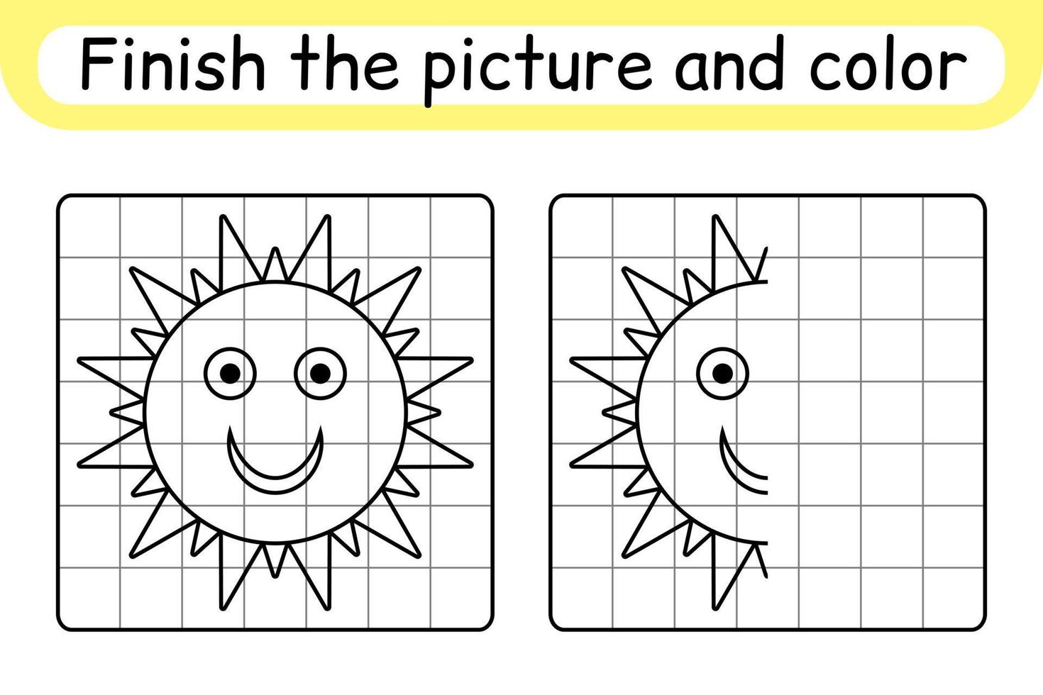 Complete the picture sun. Copy the picture and color. Finish the image. Coloring book. Educational drawing exercise game for children vector