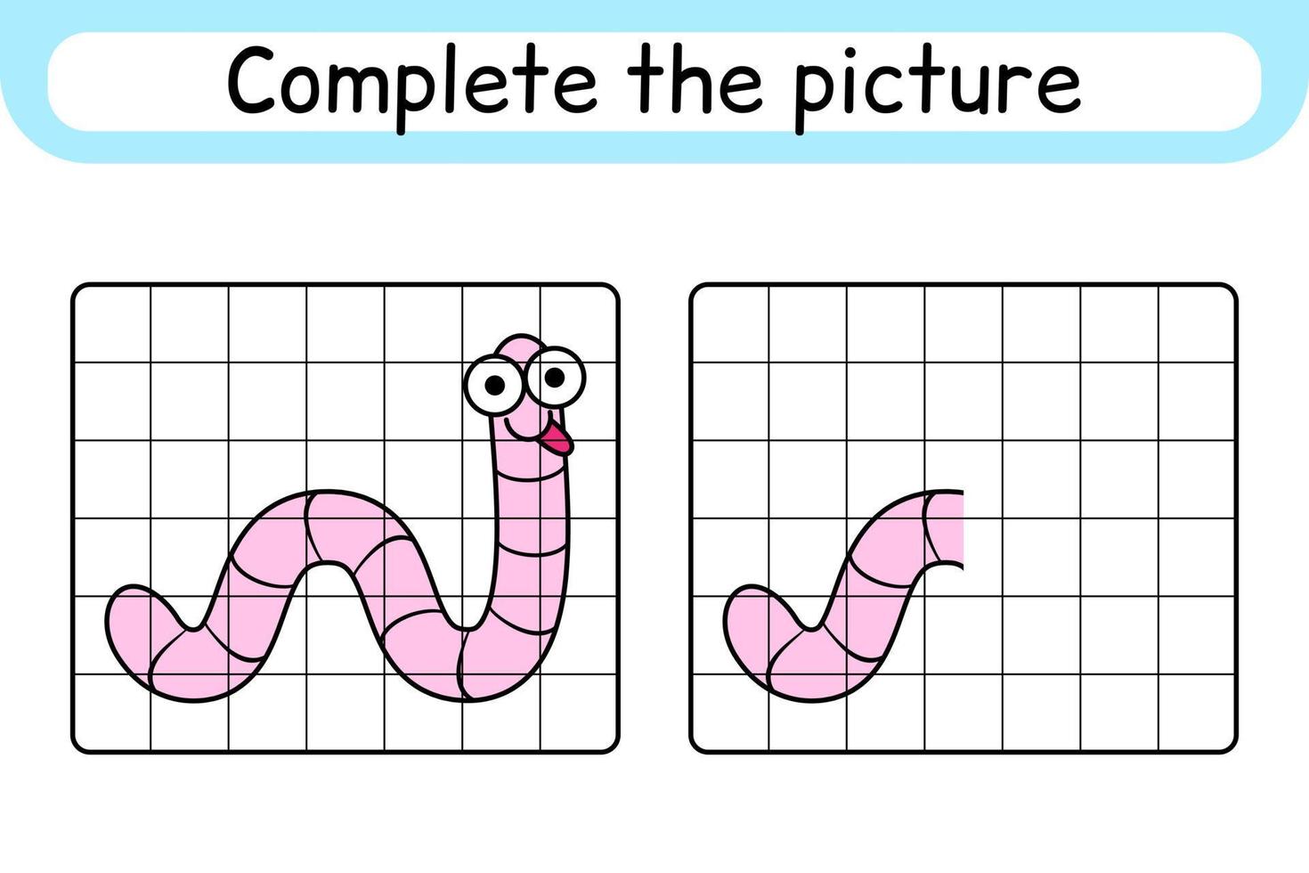 Complete the picture worm. Copy the picture and color. Finish the image. Coloring book. Educational drawing exercise game for children vector